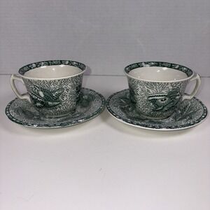Mottahedeh Torquay Winterthur Green Tea Cup Saucer Set 2 England Vintage Coastal